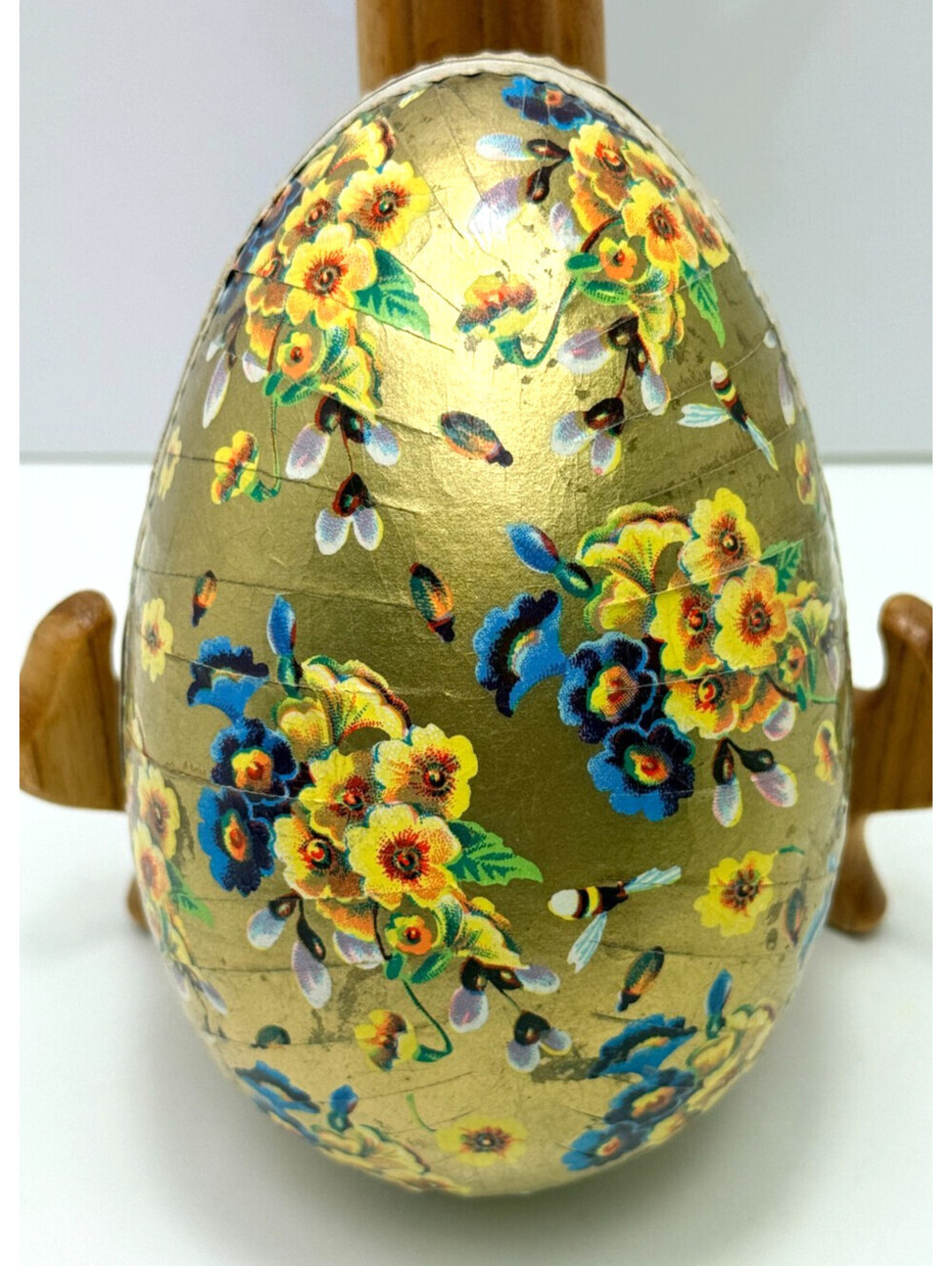 Vtg West Germany Paper Mache 5.5"L Easter Egg Candy Box Floral Gold